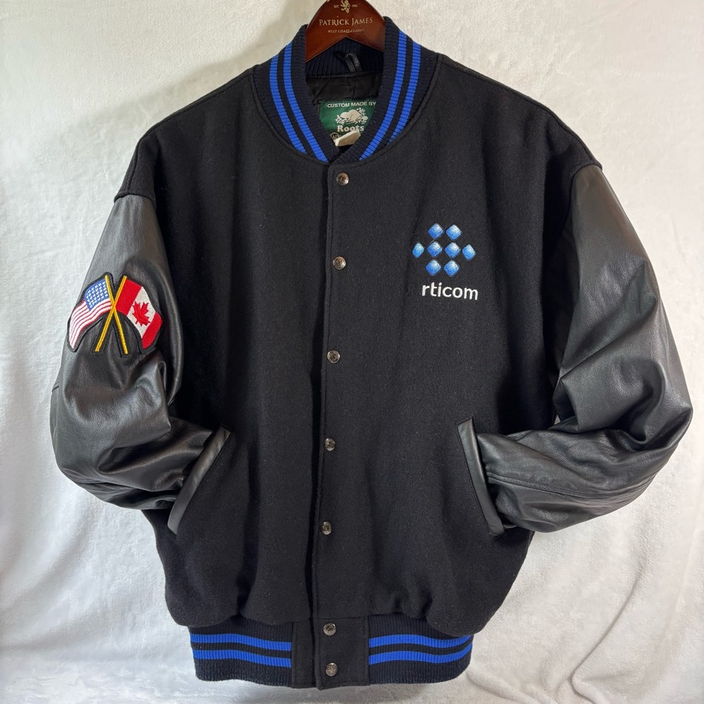 Rare Vintage Black Wool & Leather Varsity Jacket RTICOM Canadian & American XL